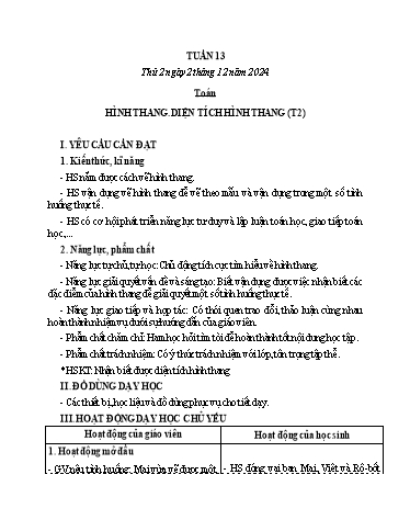 Kế hoạch bài dạy Lớp 5 - Thứ 2+3+4, Tuần 13 Năm học 2024-2025 (Phan Thị Huyền)