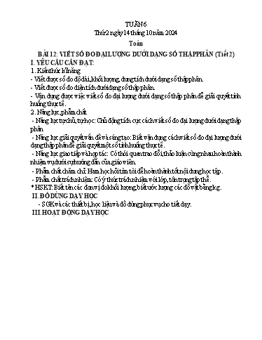 Kế hoạch bài dạy Lớp 5 - Thứ 2+3+4, Tuần 6 Năm học 2024-2025 (Phan Thị Huyền)