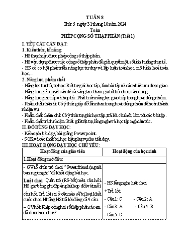 Kế hoạch bài dạy Lớp 5 - Thứ 5+6, Tuần 8 Năm học 2024-2025 (Phan Thị Ánh Tuyết)